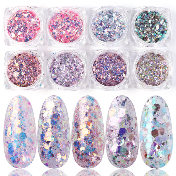 8 Box Mix Glitter Nail Art Powder Flakes Set – Sparkling Nail Dust for Acrylic, Gel & DIY Design - HZ Mobile