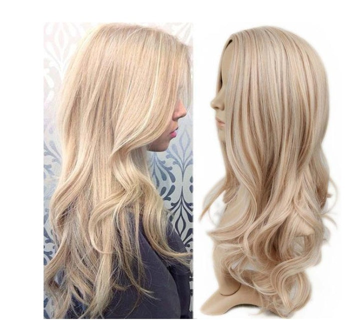 European & American Fashion Long Curly Wig – White Women’s Partial Bangs with Dyed Highlights - HZ Mobile