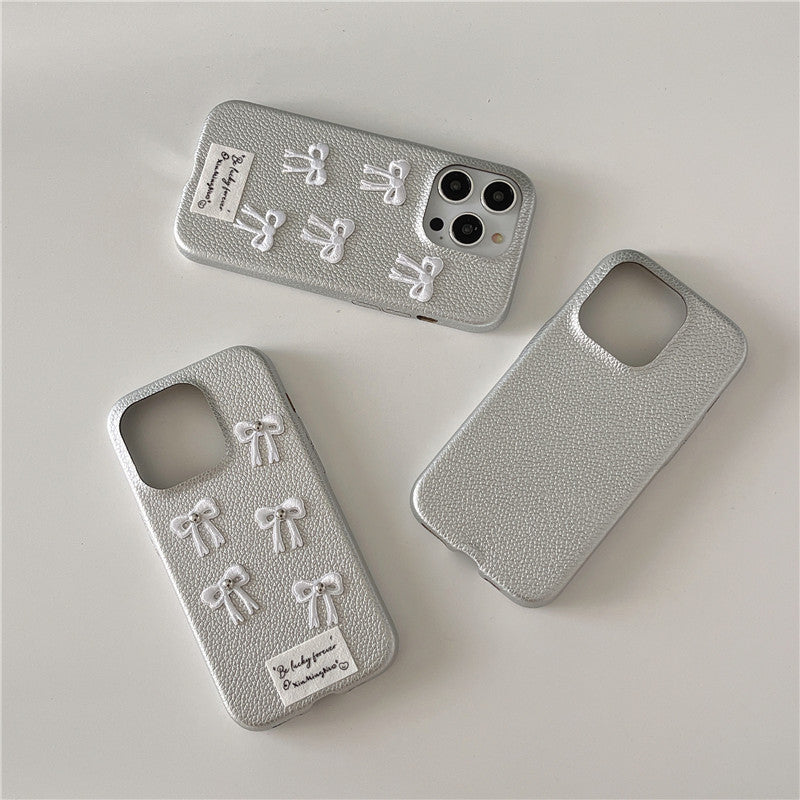 Simple Silver Leather iPhone 15 Pro Max Case – Elegant Bow Design Protective Cover - HZ Mobile