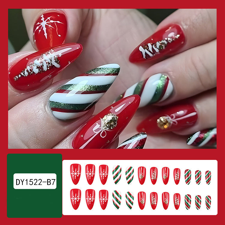24 Pcs Christmas False Nails – Hat & Snowflake Striped Press-On Tips with Holiday Nail Art Stickers - HZ Mobile