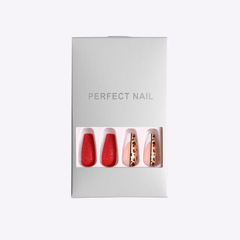Red Leopard Print Ballet False Nails – Long Press-On Acrylic Tips for DIY & Salon Manicure - HZ Mobile