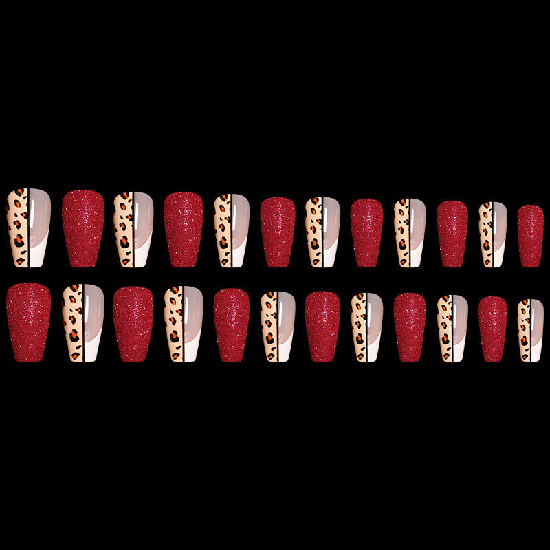 Red Leopard Print Ballet False Nails – Long Press-On Acrylic Tips for DIY & Salon Manicure - HZ Mobile