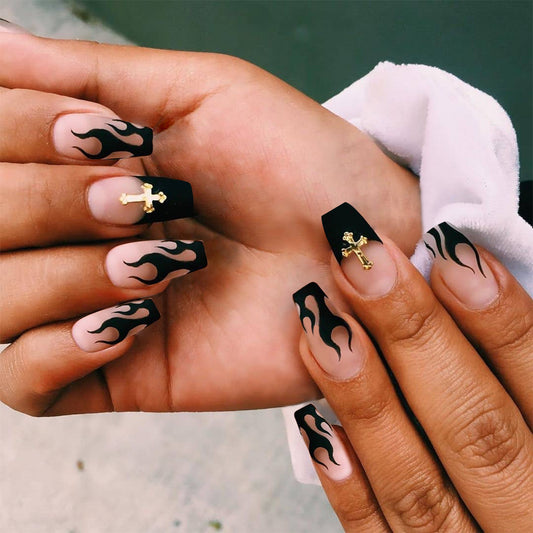 Short Ballet Black Flame French Fake Nails – Waterproof Removable Press-On Nail Patches - HZ Mobile