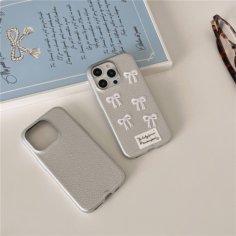 Simple Silver Leather iPhone 15 Pro Max Case – Elegant Bow Design Protective Cover - HZ Mobile