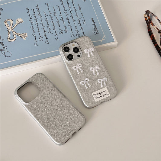 Simple Silver Leather iPhone 15 Pro Max Case – Elegant Bow Design Protective Cover - HZ Mobile