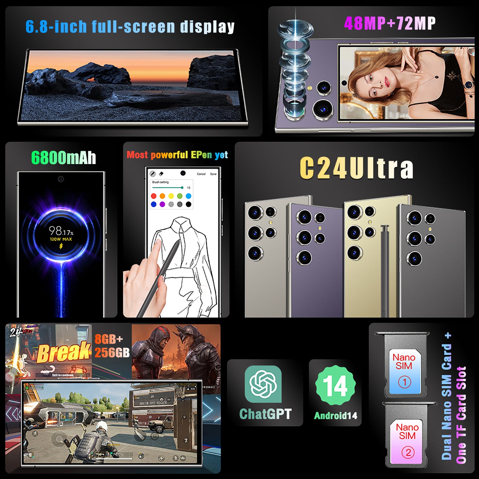 S24 Ultra Cell Phones 5G Unlocked Phonessmartphonewith Tool Pen - HZ Mobile