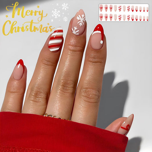 24 Pcs Christmas False Nails – Hat & Snowflake Striped Press-On Tips with Holiday Nail Art Stickers - HZ Mobile