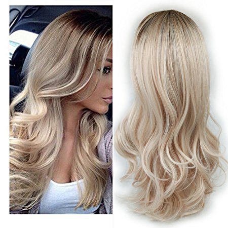 European & American Fashion Long Curly Wig – White Women’s Partial Bangs with Dyed Highlights - HZ Mobile