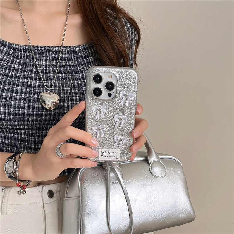 Simple Silver Leather iPhone 15 Pro Max Case – Elegant Bow Design Protective Cover - HZ Mobile