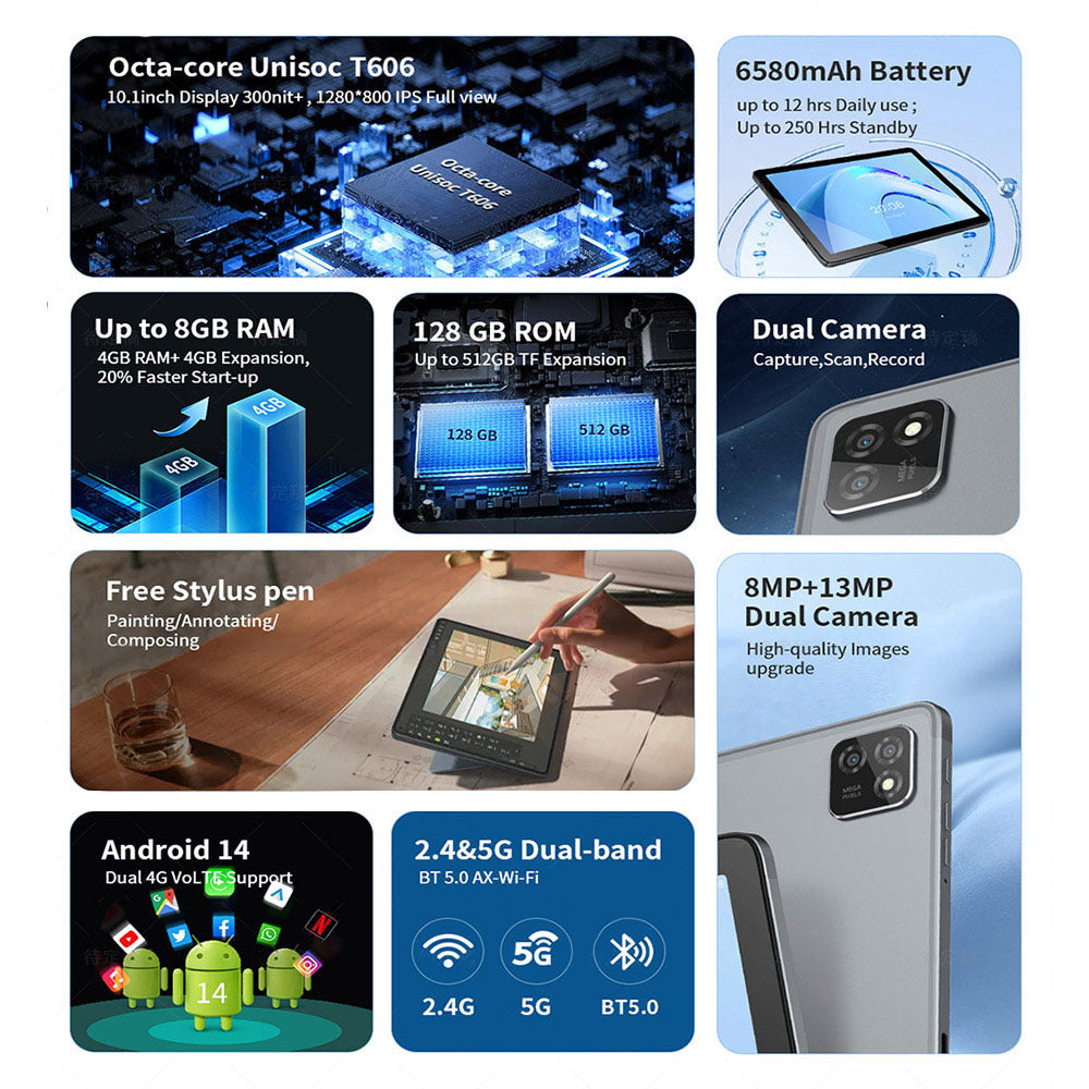 G-tab T11 Android 14 Tablet 10.1 Inch 1280&800 IPS Screen Unisoc T606 8 Core Max 1.6GHz 8GB RAM 4GB&4GB Expansion128GB ROM 2.4&5GHz WiFi Bluetooth 5.0 6580mAh Battery 8MP&13MP Camera Dual 4G - HZ Mobile