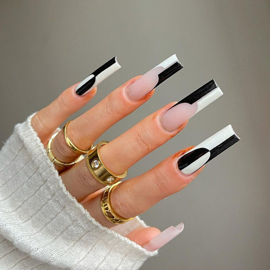 Black & White Long False Nails – Simple Color Matching Removable Press-On Tips for DIY & Salon - HZ Mobile