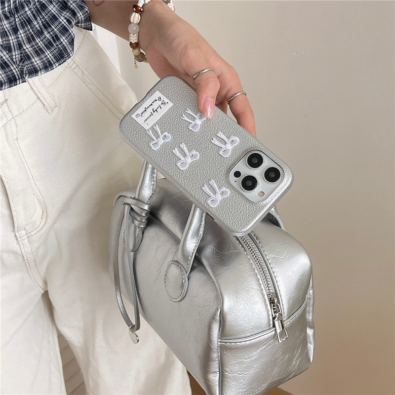 Simple Silver Leather iPhone 15 Pro Max Case – Elegant Bow Design Protective Cover - HZ Mobile