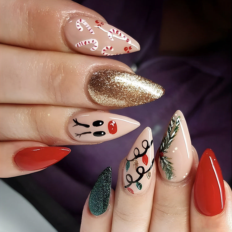 24 Pcs Christmas False Nails – Hat & Snowflake Striped Press-On Tips with Holiday Nail Art Stickers - HZ Mobile