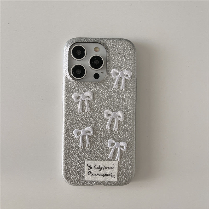 Simple Silver Leather iPhone 15 Pro Max Case – Elegant Bow Design Protective Cover - HZ Mobile