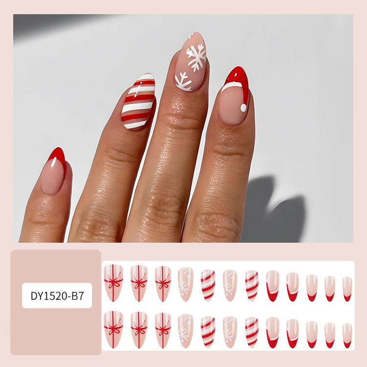 24 Pcs Christmas False Nails – Hat & Snowflake Striped Press-On Tips with Holiday Nail Art Stickers - HZ Mobile