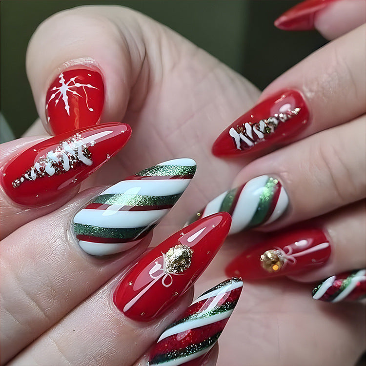 24 Pcs Christmas False Nails – Hat & Snowflake Striped Press-On Tips with Holiday Nail Art Stickers - HZ Mobile