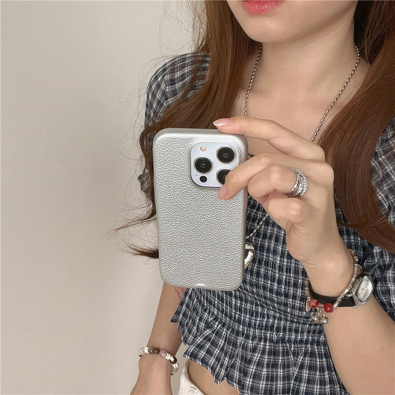 Simple Silver Leather iPhone 15 Pro Max Case – Elegant Bow Design Protective Cover - HZ Mobile